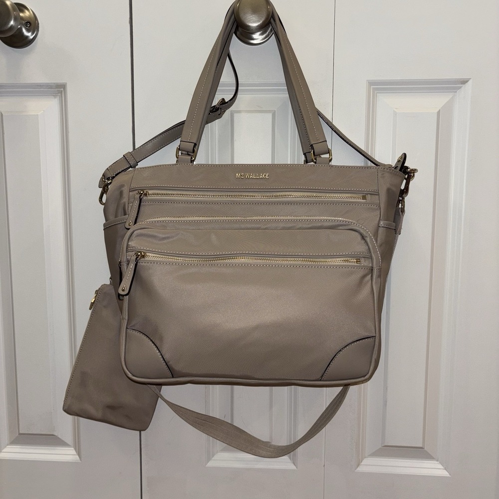 NWOT MZ Wallace Tribeca Tote Taupe Nylon Travel Bag Leather Straps
